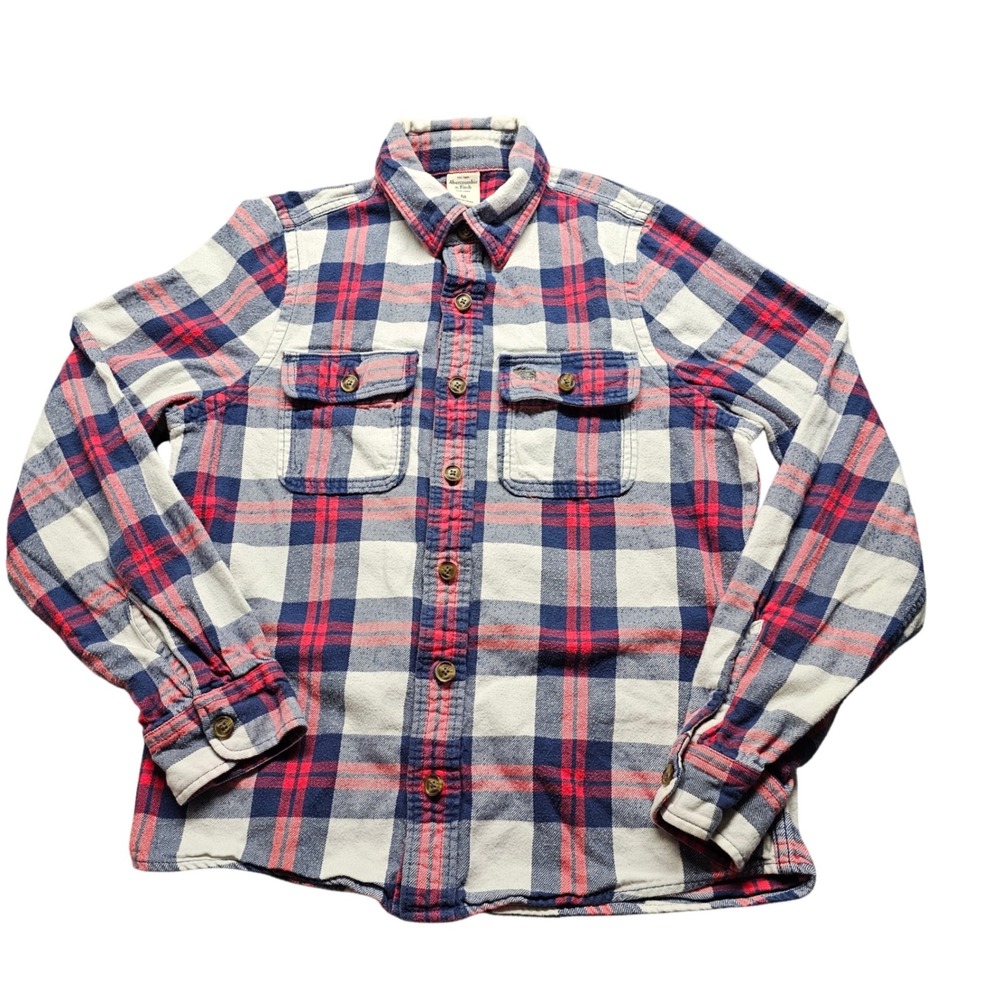 Abercrombie & Fitch Flannel Shirt Mens M Red Navy Plaid Long Sleeve Button Up